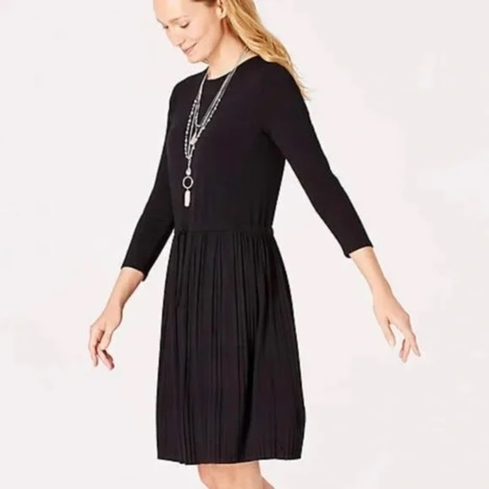 J. Jill Stretchy Knit Casual Dress Black Long Sleeve Pleated Dress